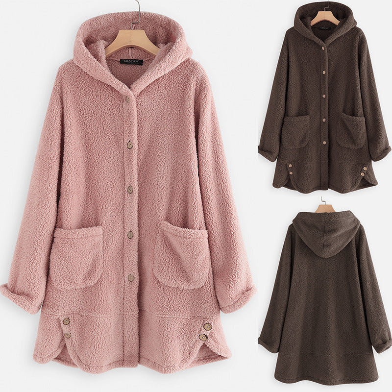 Venta Caliente En Europa Y América Chaqueta De Felpa Abotonada De Invierno Chaqueta Con Capucha De Color Sólido Irregular