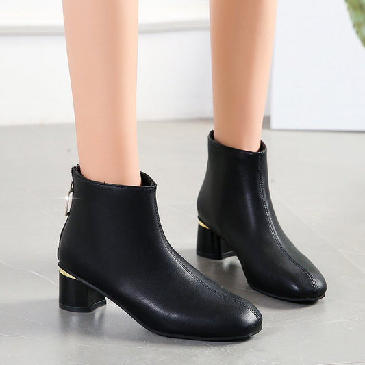 Botas De Mujer Con Cremallera Trasera Y Tubo Corto De Tacón Medio