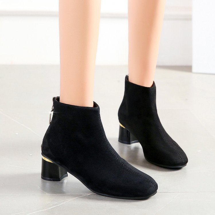 Botas De Mujer Con Cremallera Trasera Y Tubo Corto De Tacón Medio