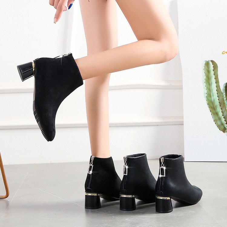 Botas De Mujer Con Cremallera Trasera Y Tubo Corto De Tacón Medio