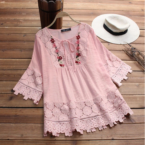 [W-Ropa] Moda encaje Patchwork Bow Blusas para mujer