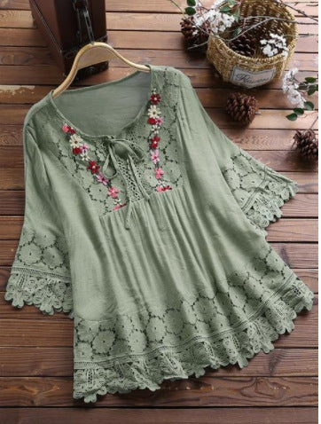 [W-Ropa] Moda encaje Patchwork Bow Blusas para mujer