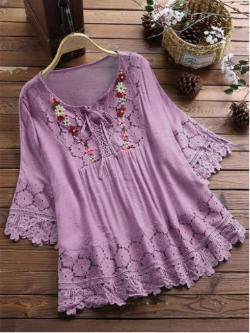 [W-Ropa] Moda encaje Patchwork Bow Blusas para mujer