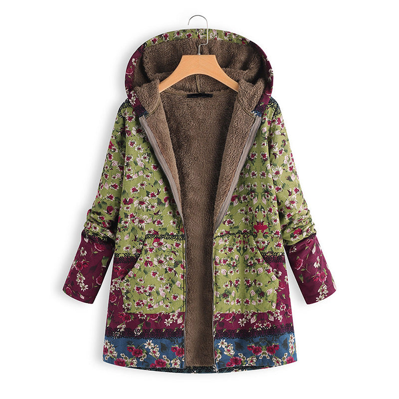 Chaqueta Cálida Informal De Talla Grande Con Estampado De Invierno Con Capucha