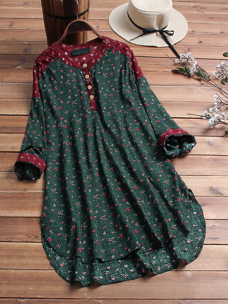 Camisa De Cuello Alto Estampada De Algodón Y Lino De Moda Camisa Suelta De Manga Larga De Gran Tamaño