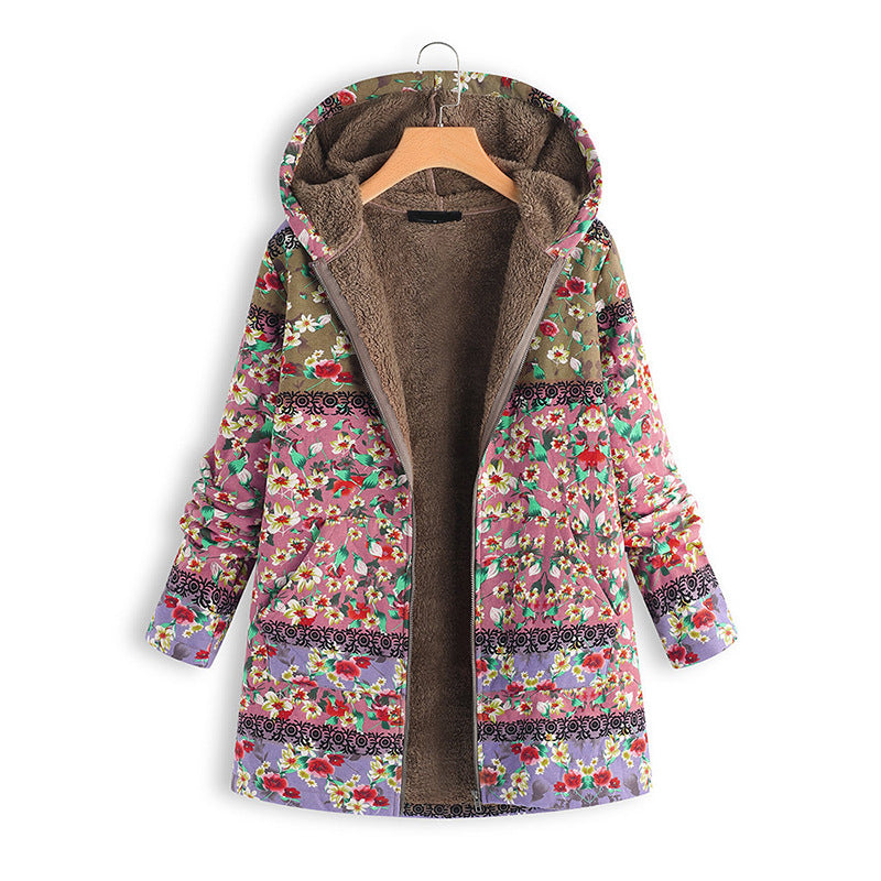 Chaqueta Cálida Informal De Talla Grande Con Estampado De Invierno Con Capucha