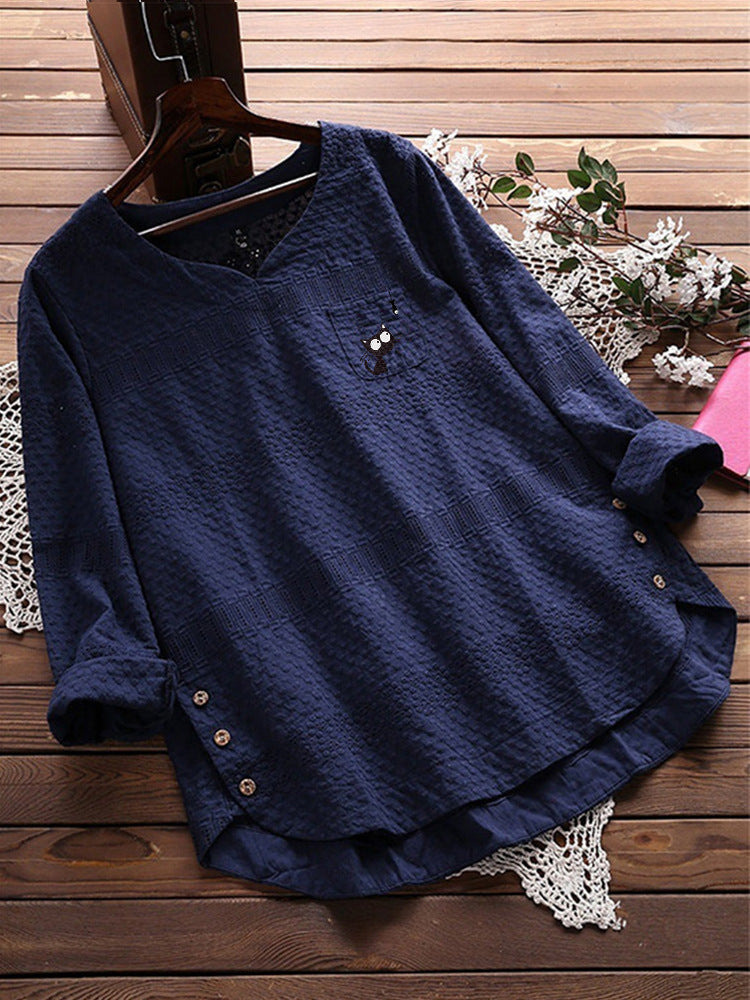 Blusa Casual De Algodón Y Lino Con Cuello Redondo Y Blusa Suelta Para Mujer