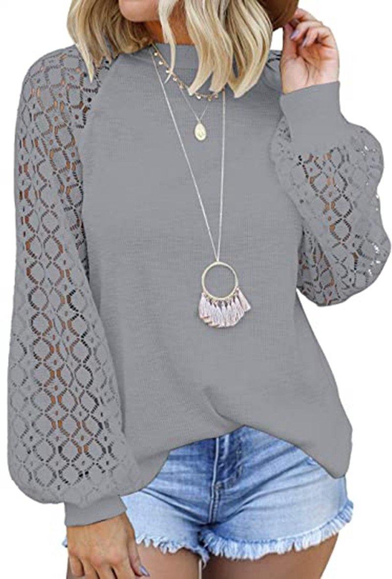 Cuello redondo con encaje de manga larga cosido top suelto - MXbueno