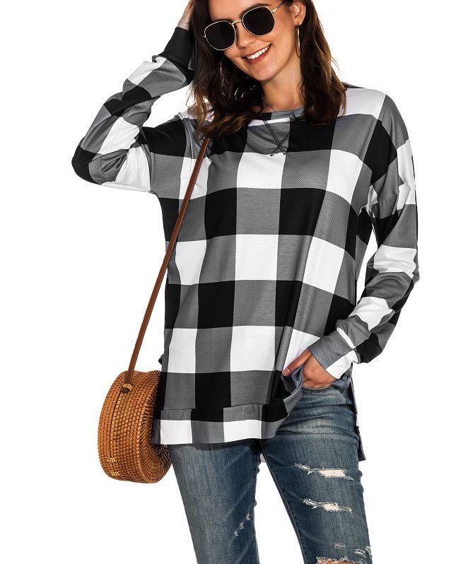 Tops causales de impresión a cuadros de manga larga