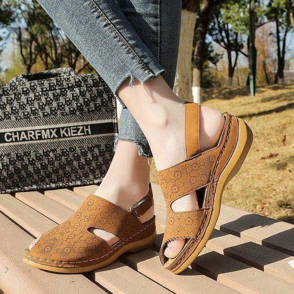 Mujeres Flores Imprimir Decoración Side Peep Toe Costura A Mano Gancho Loop Casual Cuñas Sandalias