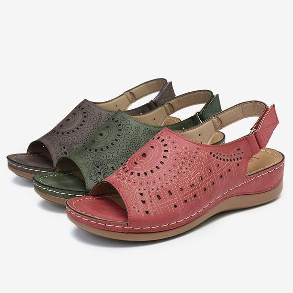 Peep Toe Pattern Hook Loop Casual Wedges Slingback Sandalias
