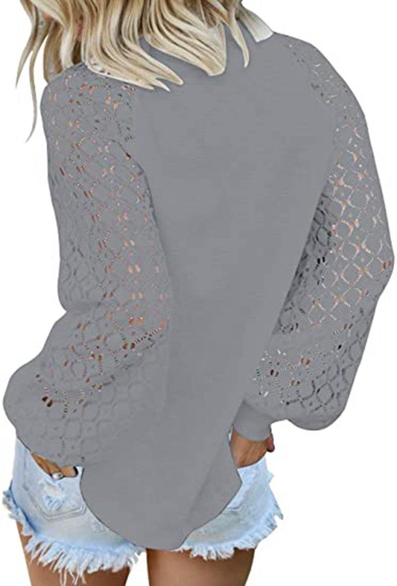 Cuello redondo con encaje de manga larga cosido top suelto - MXbueno