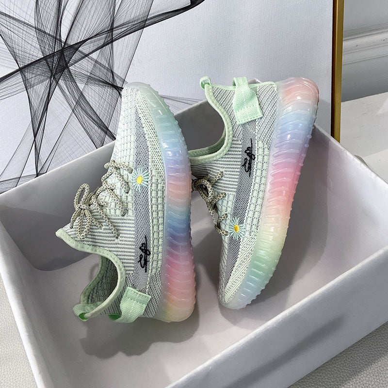 [W-Zapato] Zapatos De Coco Tejidos Voladores Zapatos De Gelatina De Arco Iris Transpirables