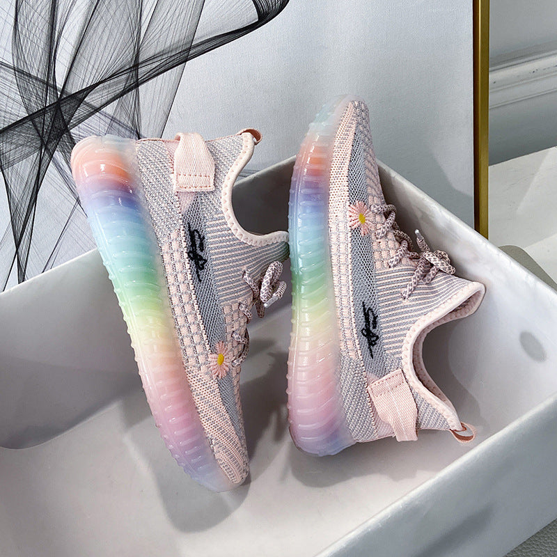 [W-Zapato] Zapatos De Coco Tejidos Voladores Zapatos De Gelatina De Arco Iris Transpirables