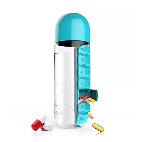Botella de agua con taza de agua creativa con caja de medicina portátil de siete días