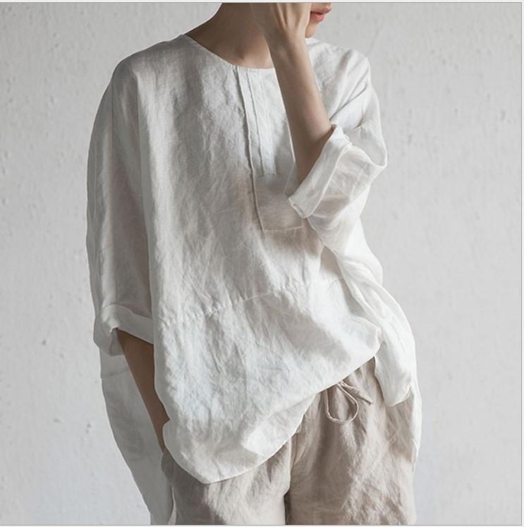 Camiseta Casual De Mezcla de algodón Y Lino Con Cuello Redondo Para Mujer