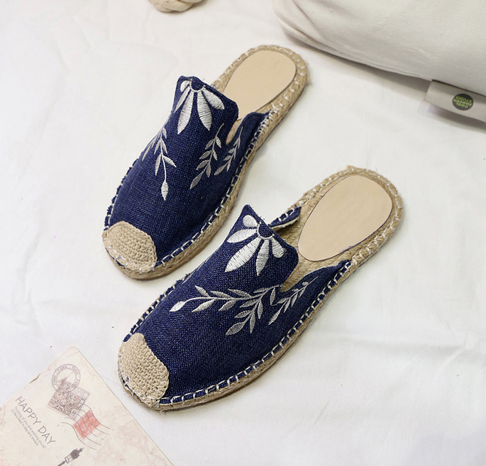 Mujeres moda bordado alpargata plano pantuflas zapatos