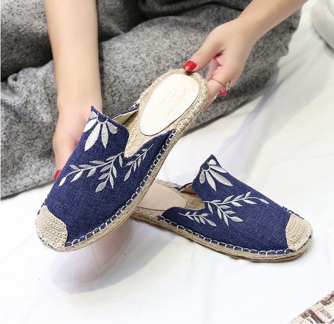 Mujeres moda bordado alpargata plano pantuflas zapatos