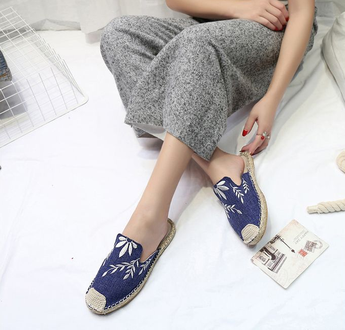 Mujeres moda bordado alpargata plano pantuflas zapatos