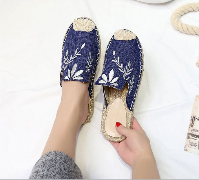 Mujeres moda bordado alpargata plano pantuflas zapatos