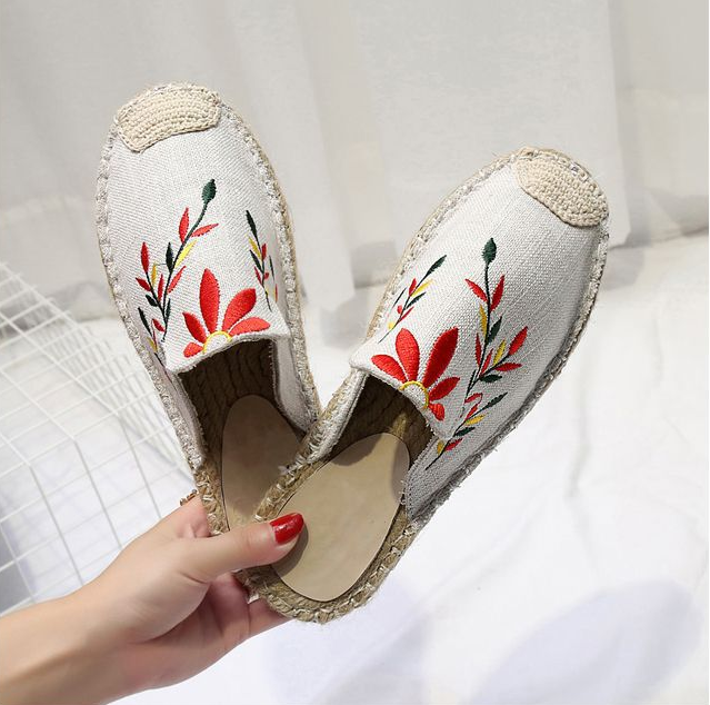 Mujeres moda bordado alpargata plano pantuflas zapatos