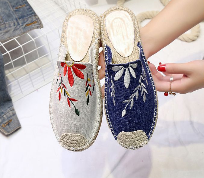 Mujeres moda bordado alpargata plano pantuflas zapatos