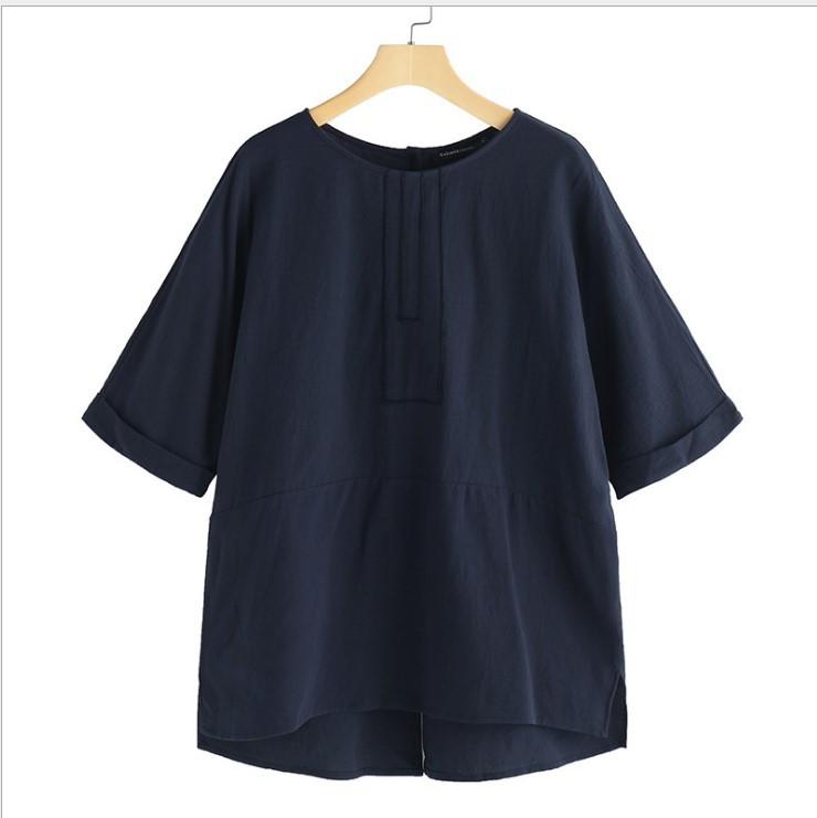 Camiseta Casual De Mezcla de algodón Y Lino Con Cuello Redondo Para Mujer