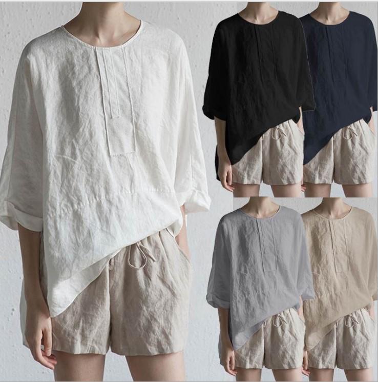 Camiseta Casual De Mezcla de algodón Y Lino Con Cuello Redondo Para Mujer