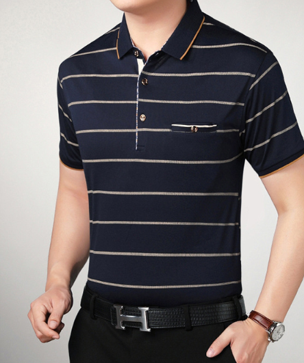 Camiseta de POLO con manga corta para hombre Finas rayas de algodón - MXbueno