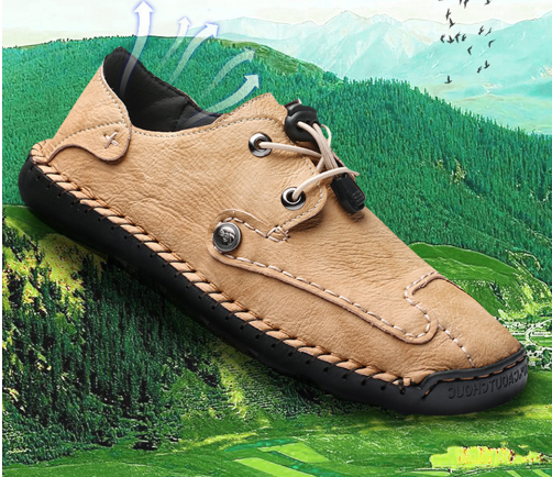 Menico Zapatos casuales de encaje elástico antideslizante de cuero cosido a mano para hombre - MXbueno