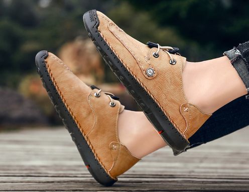 Menico Zapatos casuales de encaje elástico antideslizante de cuero cosido a mano para hombre - MXbueno
