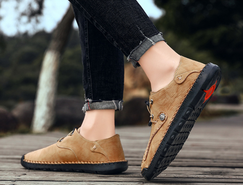 Menico Zapatos casuales de encaje elástico antideslizante de cuero cosido a mano para hombre - MXbueno