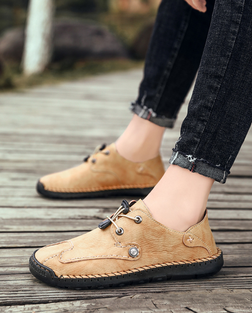 Menico Zapatos casuales de encaje elástico antideslizante de cuero cosido a mano para hombre - MXbueno