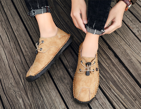 Menico Zapatos casuales de encaje elástico antideslizante de cuero cosido a mano para hombre - MXbueno