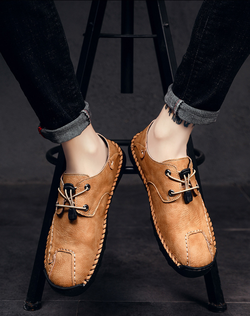 Menico Zapatos casuales de encaje elástico antideslizante de cuero cosido a mano para hombre - MXbueno