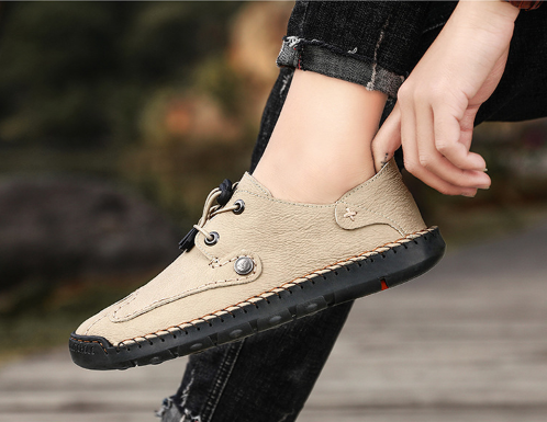 Menico Zapatos casuales de encaje elástico antideslizante de cuero cosido a mano para hombre - MXbueno
