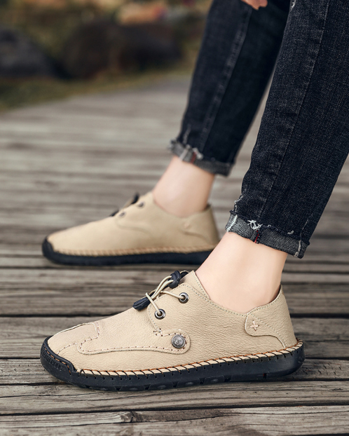 Menico Zapatos casuales de encaje elástico antideslizante de cuero cosido a mano para hombre - MXbueno