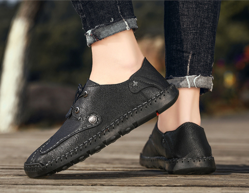 Menico Zapatos casuales de encaje elástico antideslizante de cuero cosido a mano para hombre - MXbueno