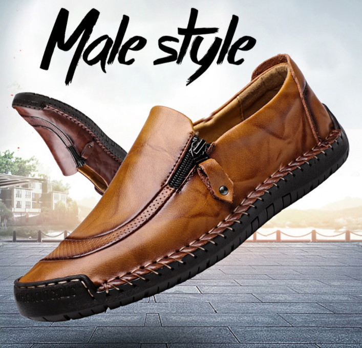 Zapatos de cuero con cremallera y pespuntes a mano slip on para hombres y mujeres - MXbueno