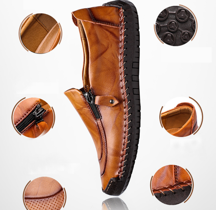 Zapatos de cuero con cremallera y pespuntes a mano slip on para hombres y mujeres - MXbueno
