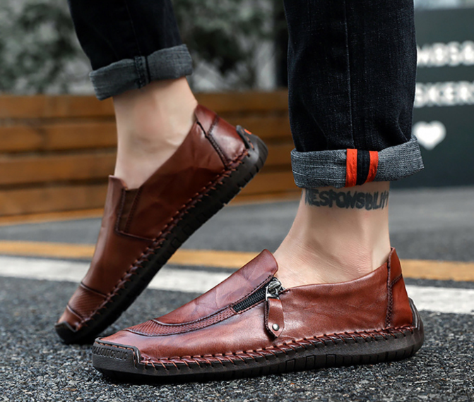 Zapatos de cuero con cremallera y pespuntes a mano slip on para hombres y mujeres - MXbueno