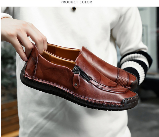 Zapatos de cuero con cremallera y pespuntes a mano slip on para hombres y mujeres - MXbueno