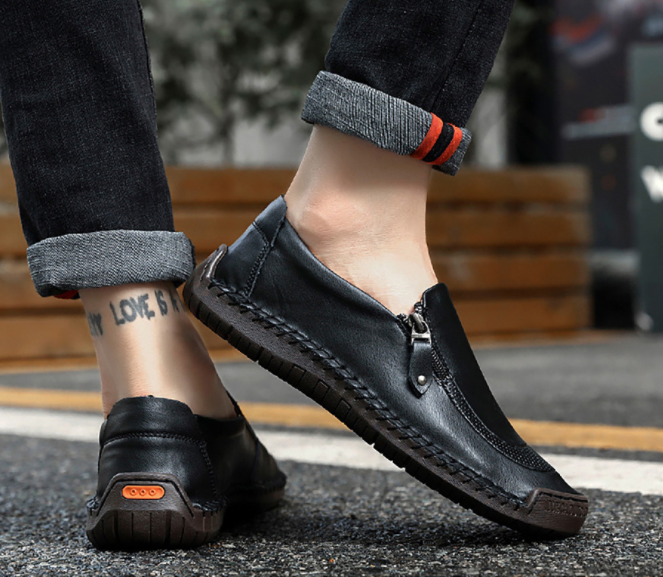 Zapatos de cuero con cremallera y pespuntes a mano slip on para hombres y mujeres - MXbueno
