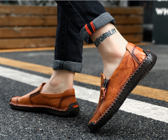 Zapatos de cuero con cremallera y pespuntes a mano slip on para hombres y mujeres - MXbueno