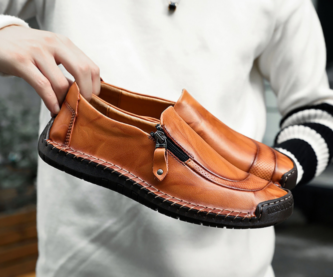 Zapatos de cuero con cremallera y pespuntes a mano slip on para hombres y mujeres - MXbueno