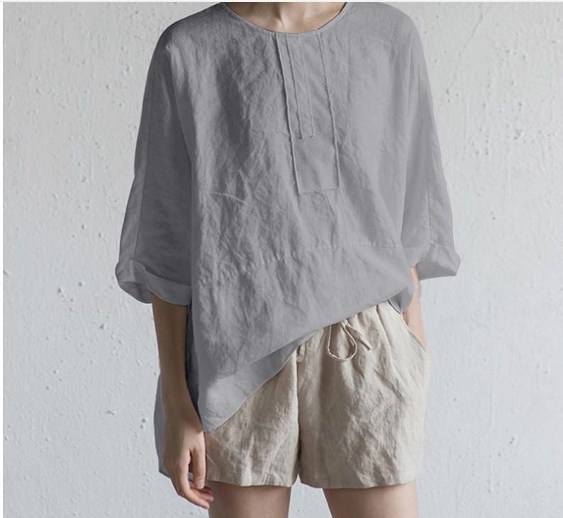 Camiseta Casual De Mezcla de algodón Y Lino Con Cuello Redondo Para Mujer