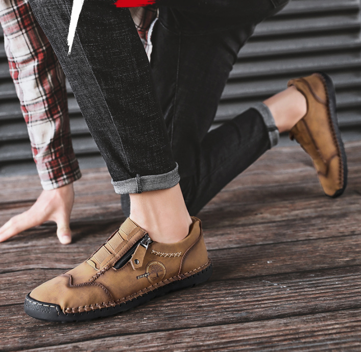 Zapatos casuales de cuero de microfibra con costuras a mano con cremallera lateral - MXbueno