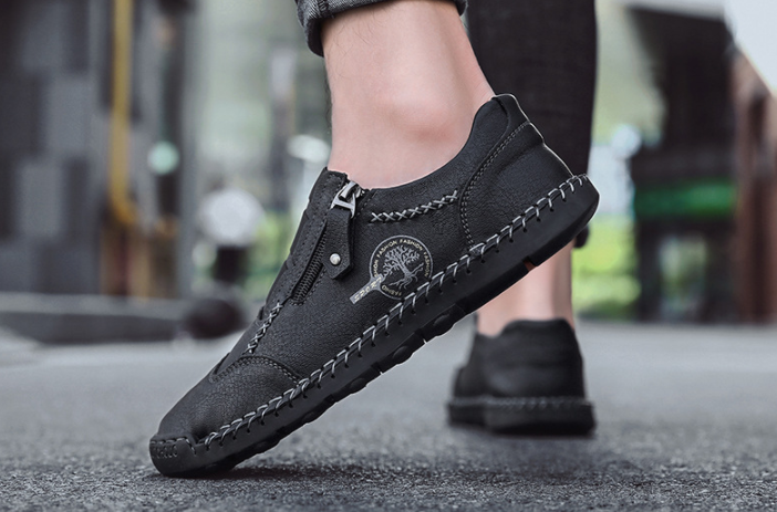 Zapatos casuales de cuero de microfibra con costuras a mano con cremallera lateral - MXbueno