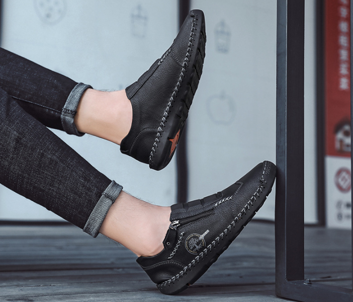 Zapatos casuales de cuero de microfibra con costuras a mano con cremallera lateral - MXbueno