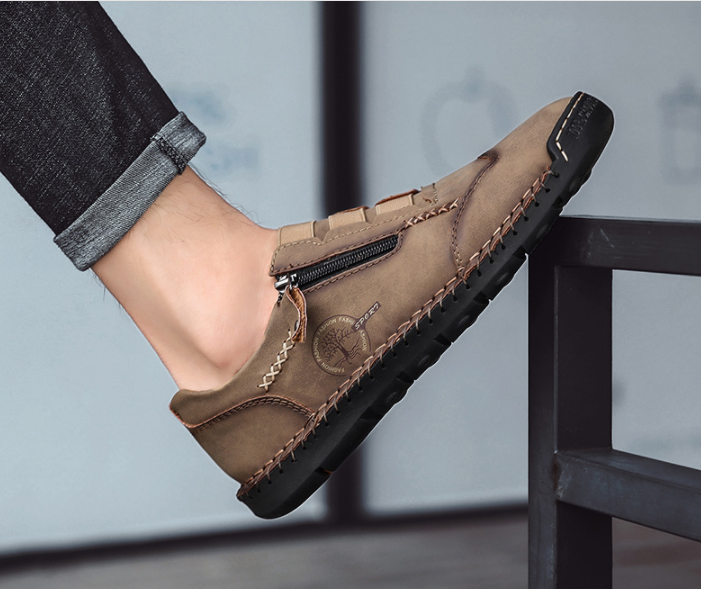 Zapatos casuales de cuero de microfibra con costuras a mano con cremallera lateral - MXbueno